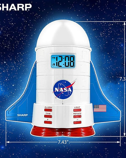Sharp NASA Space Shuttle Night Light Alarm Clock – Wings and Booster Lights Up – Space Design Nightlight Fun with 4 Color Options and 2 Space Themes for Bedroom, Great Gift!