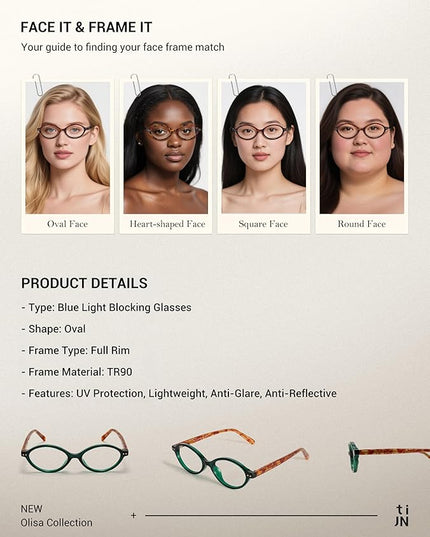 TIJN Olisa Blue Light Blocking Glasses for Women Men,Oval Glasses Frame Bluelight Glasses for Gaming/Computer/Screen