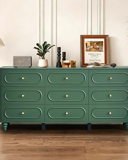 9 Drawer Fluted Dresser for Bedroom, Mid Century Modern Chest of Drawers, Wood Storage Small Dresser Organizer for Bedroom Living Room Hallway Closet, Green