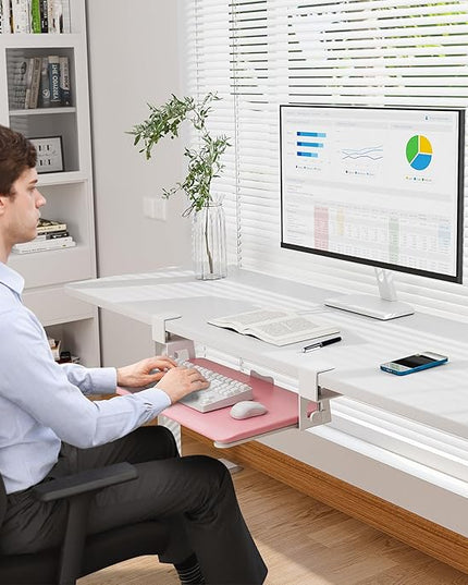 BONTEC KMT01-PJ Under Desk Keyboard Tray, Pull-Out Keyboard & Mouse Platform with C-Clamp, 20 x 11.8 in Space-Saving Ergonomic Slide-Out Drawer, Pink