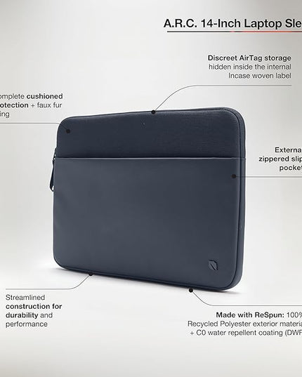 Incase A.R.C. Laptop Sleeve 14 Inch – MacBook Case with Faux Fur Lining, External Pocket – Fits MacBook Pro Air Lenovo Dell HP – Laptop Cover, Computer Case - Travel, Work, College - Navy