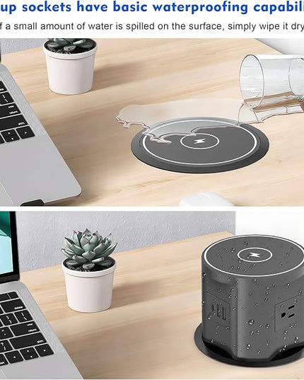 Pop Up Outlet for Countertop with 15w Wireless Charger, 4.7-Inch Pop Up Outlet with 4 Outlets and 2 USB-A, 1 USB-C, Pop Up Power Outlet for Kitchen Countertop, Conference Room, Study Room (Black)