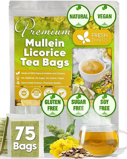 FreshDrinkUS, Premium 75 Mullein Licorice Tea Bags, 100% Natural, Blend of Mullein Leaves, and Licorice Root. Made with Natural Material Tea Bags. No Sugar, Vegan.