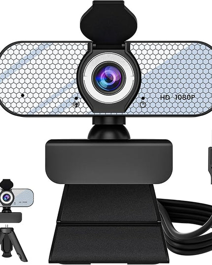 1080P HD Webcam with Built-in Microphone, Rotatable Tripod, Wide-Angle Lens,Privacy Cover, Auto Light Correction, Plug & Play USB-A Webcam for Laptop, Desktop, PC, Streaming-White