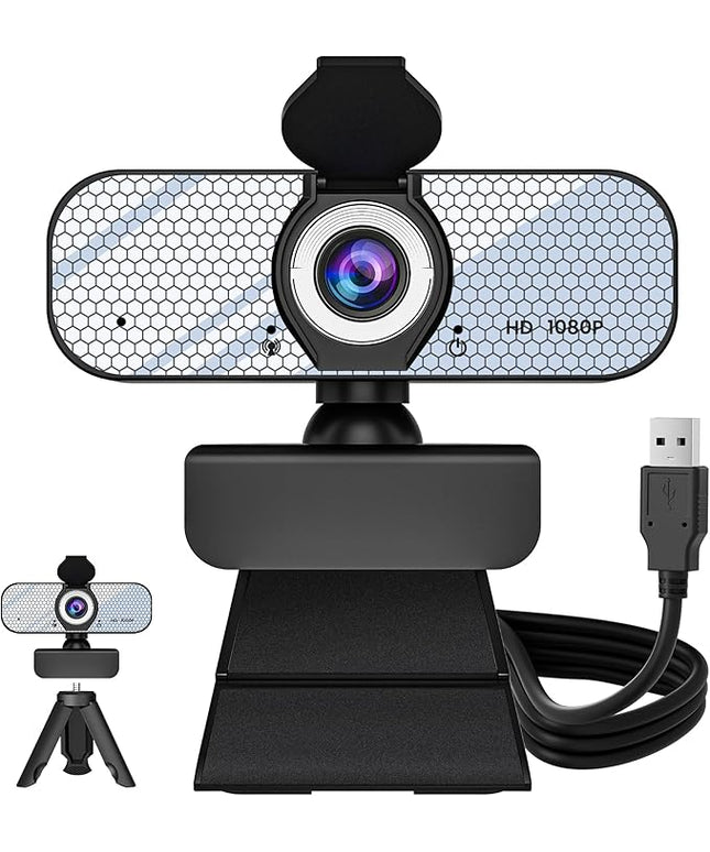 1080P HD Webcam with Built-in Microphone, Rotatable Tripod, Wide-Angle Lens,Privacy Cover, Auto Light Correction, Plug & Play USB-A Webcam for Laptop, Desktop, PC, Streaming-White