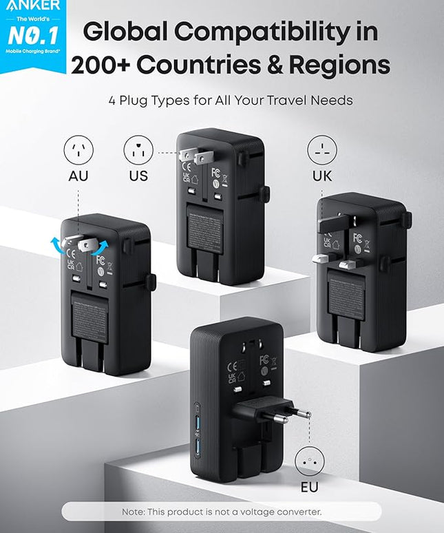 Anker Nano Travel Adapter, 5-Port Power Adapter with 1× 2-Pin AC, 2 USB A, 2 USB C for 20W, Smart Temperature Control, Works in 200+ Countries, Not a Voltage Converter, Travel Essentials (1-Pack)