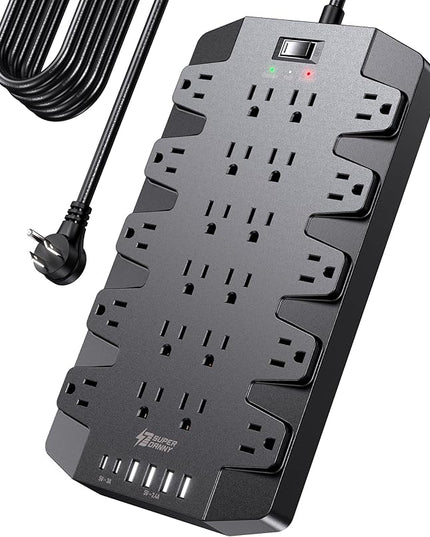 15 Ft Extension Cord Power Strips with Surge Protection, SUPERDANNY Surge Protector with 22 Outlets, 2 USB-C and 4 USB-A, 2100J, 15Ft Flat Plug Heavy Duty Extension Cord (1875W/15A) for Office, School