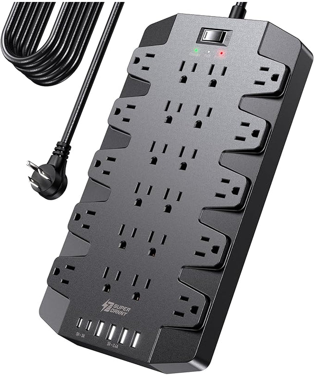 15 Ft Extension Cord Power Strips with Surge Protection, SUPERDANNY Surge Protector with 22 Outlets, 2 USB-C and 4 USB-A, 2100J, 15Ft Flat Plug Heavy Duty Extension Cord (1875W/15A) for Office, School