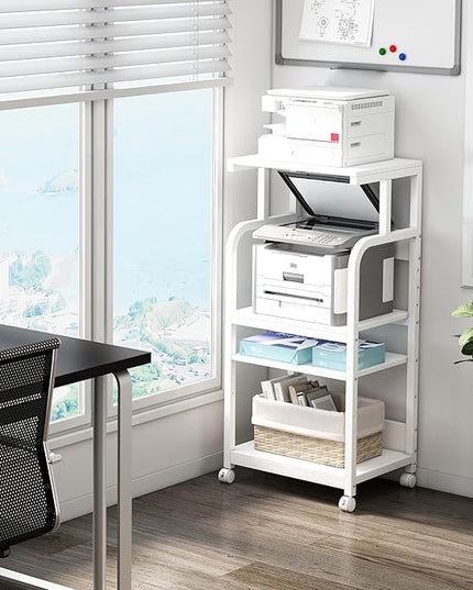 4 Tier White Printer Stand Table with Adjustable Shelves, Movable Printer Shredder Stand with Wheels for Home Office Storage and Organization, Rolling Cart for Computer Tower CPU