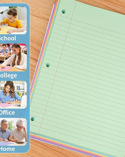 6 Color Loose Leaf Paper College Ruled, 120 Sheets 8" X 10.5" Colored Notebook Paper, 3-Hole Punched 70 Gsm Lined Paper For 3-Ring Binders, Loose Leaf Office Paper