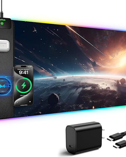 TopMade RGB Gaming Mouse Pad with 15W Wireless Charging, 31.5” x 15.8” XXL Large Desk Mat Home Office Keyboard Pad for Desk, Waterproof Mousepad with Smooth Surface, Non-Slip Base, Cosmic Planet