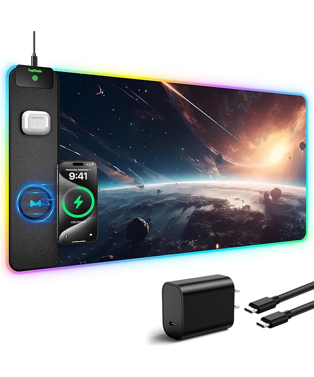 TopMade RGB Gaming Mouse Pad with 15W Wireless Charging, 31.5” x 15.8” XXL Large Desk Mat Home Office Keyboard Pad for Desk, Waterproof Mousepad with Smooth Surface, Non-Slip Base, Cosmic Planet