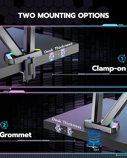 ARES WING RGB Dual Monitor Arm for 17-38" Ultrawide Screens, Holds 35.2lbs, Heavy Duty Dual Monitor Stand for Desk, Adjustable Double Mount with Clamp & Grommet Base, 75/100 VESA Mount, Gray
