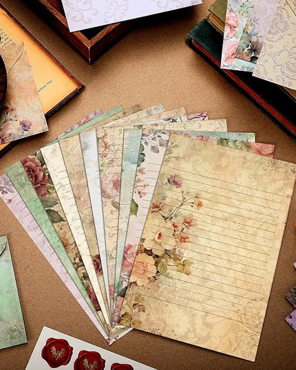 TaoBary 160 Pcs Stationery Paper Set 50 Double Sided Stationery Papers with 50 Matching Envelopes and 60 Round Dot Sticker, 10 Design(Vintage Floral,5.5 x 8.25 Inch)