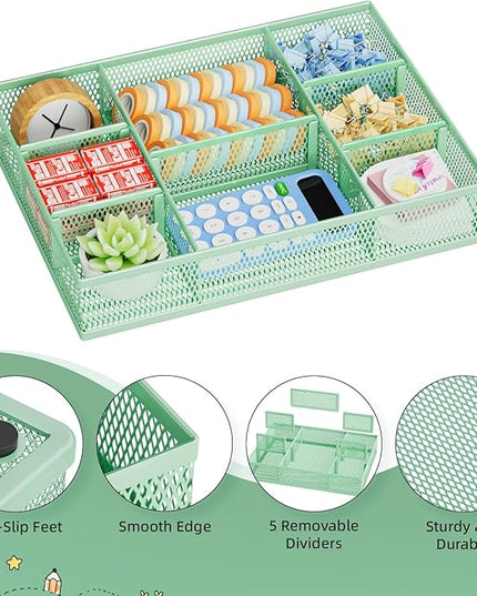 Marbrasse 2 Pack Desk Drawer Organizer, Mesh Drawer Organizer Tray with 8 Adjustable Compartments, Desk Organizers and Accessories, 5 Dividers Drawer for Office Supplies, Makeup & Vanity (Green)