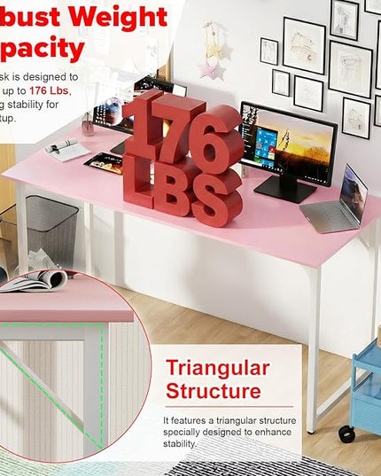 PayLessHere | 55 Inch Computer Desk | Pink | Office Desk with Metal Frame, Adjustable Feet | Water-Resistant, Scratchproof Surface | Sturdy Writing Table for Home Office or Study | Pack of 1