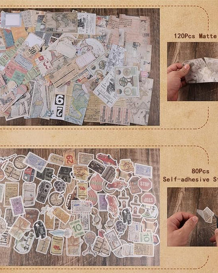 200Pcs Vintage Scrapbook Stickers, Aesthetic Junk Journal Stamping Supplies Kit, Scrapbooking Ephemera Washi Paper for Bullet Journaling Planners Diary Collage