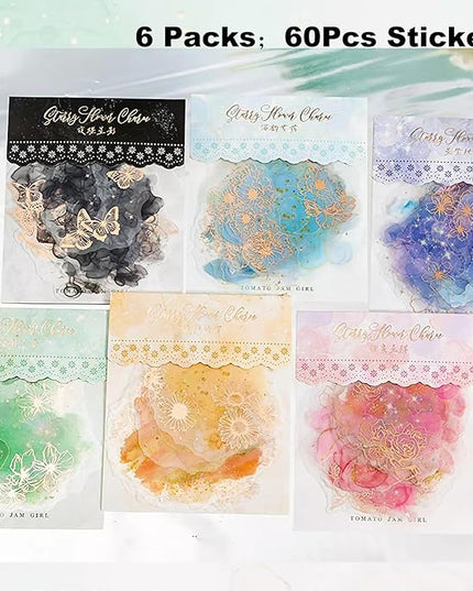 AuriicLeaf Watercolor Floral PET Sticker Set, 60PCS Gold Foil Flower Stickers for Scrapbooking, Journaling, DIY Crafts, Decorative Collage, Planner, and Art Supplies