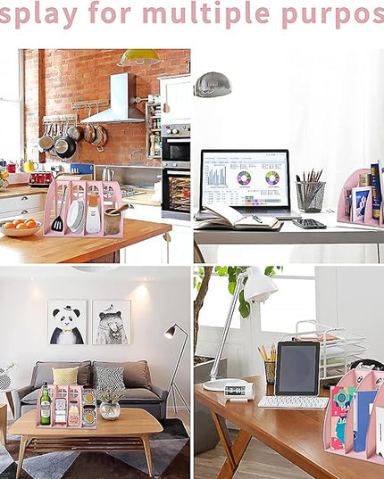 SAYEEC Sturdy Magazine Holder 4 Compartments Plastic Desktop File Organizer File Dividers Office Organizer Storage Document Magaizne Rack Display Box (Pink)