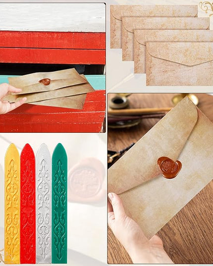 33 Pieces Vintage Paper and Envelopes Set, Including 12 Writing Stationery Paper Letter 12 Envelopes Sealing 6 Wax Sticks Seal Stamp Tea Candles and Wax Spoon for Stamp