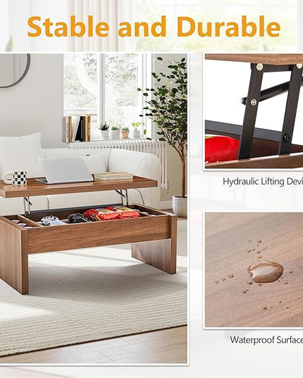 Small Lift Top Coffee Table, Wood Rectangle Coffee Table with Lifting Top and Hidden Storage Compartment, Mid Century Modern Center Tables for Small Space, Living Room, Office (Walnut)