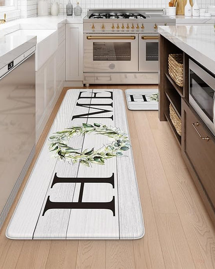 KIMODE Anti Fatigue Kitchen Rugs Sets of 2, Non Slip Waterproof Kitchen Mat, Farmhouse Kitchen Runner Rug, Ergonomic Standing Kitchen Mats for Floor 2 Piece, 20" x 59" + 20" x 32", White