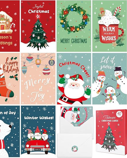Thboxes 40 Pack Christmas Cards with Envelopes, 4x6 Inch Merry Christmas Cards, Funny Holiday Card with Envelopes & Stickers, 10 Assorted Designs Greeting Card for Xmas
