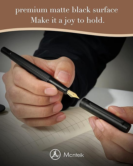 MCNTEIK Matte Black Forest Fountain Pen, Exquisite Vertical Grooving Design, 18K Gilded Nib (Fine), Fancy Pen Gift Set for Men & Women, Professional, Business Signature, Office, Nice Designer Pens
