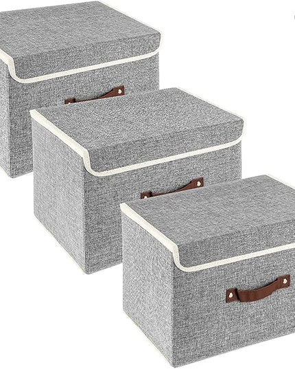 TYEERS Collapsible Storage Boxes, Washable Fabric Storage Bins with Lids, 14.9x9.8x9.8 inches, 3 Pack, Gray