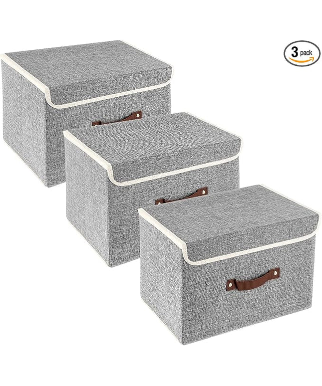 TYEERS Collapsible Storage Boxes, Washable Fabric Storage Bins with Lids, 14.9x9.8x9.8 inches, 3 Pack, Gray