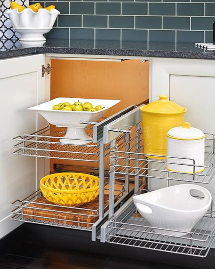 Rev-A-Shelf Dual Tier Pullout Shelf Organizer for Blind Corner Kitchen or Bathroom Cabinets with Soft Close,15", 4 Shelves, Chrome, 5PSP-15SC-CR