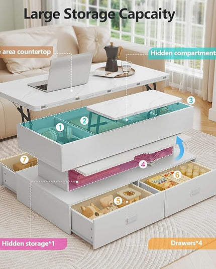 Turosur 40" Lift Top Coffee Table, Coffee Tables with Storage and 4 Drawer, Coffee Table with Lifting top with LED Lights for Living Room Home Office