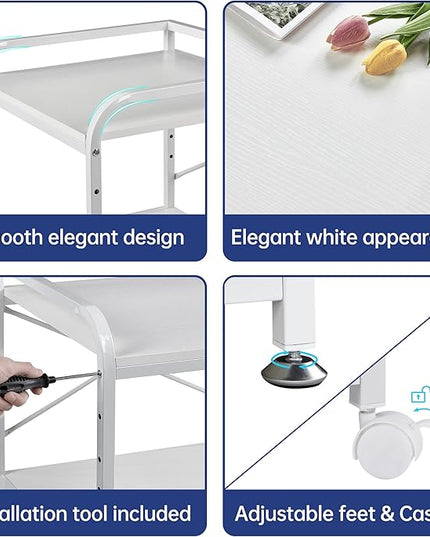 20 Inches Deep Large Printer Stand, 2 Tier Under Desk Printer Table with Height Adjustable Shelf, Rolling Printer Cart with Wheels for Home Office Storage - White