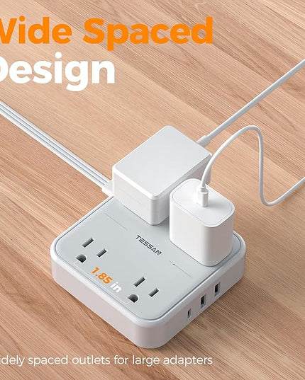 Flat Plug Extension Cord 5 Ft, TESSAN Surge Protector Power Strip Ring Pull with 3 USB (1 USB C) 4 Outlets, 900 Joules Protection, Desktop Charging Station for Home, Office, College, Dorm Room, Gray
