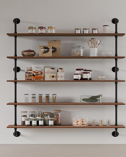 Floating Shelves for Wall Bookshelf Industrial Pipe Shelving Shelves 48 Inch 5 Tier Natural Wood Planks Rustic Wall Shelves Hanging Bookshelves Farmhouse Kitchen Shelving