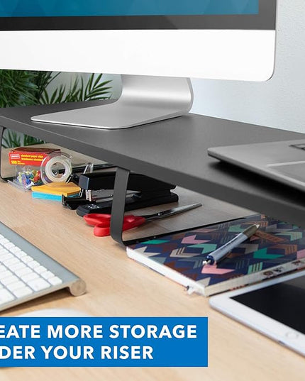 Mount-It! 39" Extra Long Dual Monitor Stand Riser – Ergonomic Desk Organizer for 2 Monitors, Laptop, TV, or Printer – Heavy-Duty Steel & Wood Desktop Shelf with Storage – Supports 44 Lbs – Black