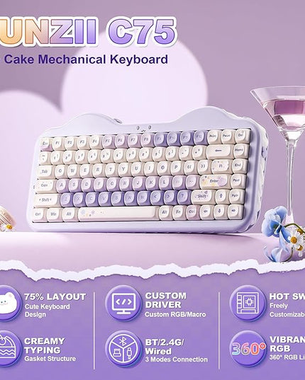 YUNZII C75 Wireless Mechanical Keyboard,75% Layout, Hot-Swappable NKRO,BT5.0/2.4G/USB-C Mode,Dye-Sub PBT MOA Keycaps,RGB Gasket Mount,Cute Cake Design for Mac/Win/Gaming (Purple, Candy Switch)