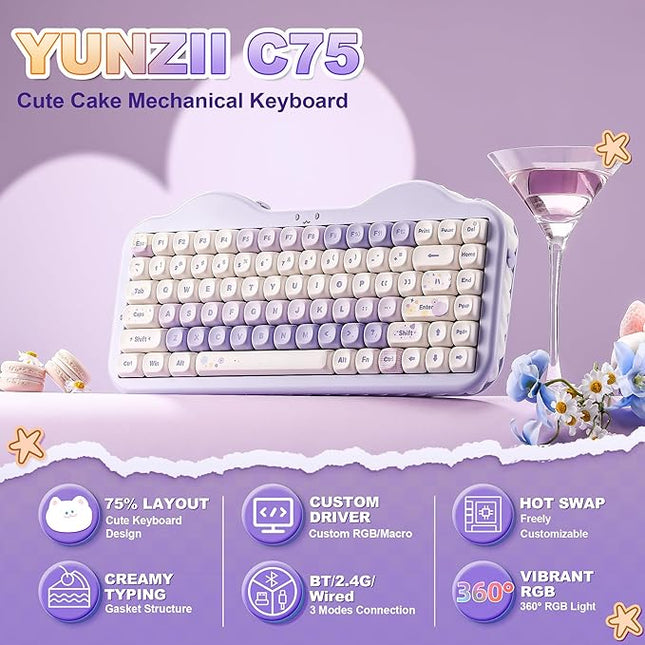 YUNZII C75 Wireless Mechanical Keyboard,75% Layout, Hot-Swappable NKRO,BT5.0/2.4G/USB-C Mode,Dye-Sub PBT MOA Keycaps,RGB Gasket Mount,Cute Cake Design for Mac/Win/Gaming (Purple, Milk V2 Switch)