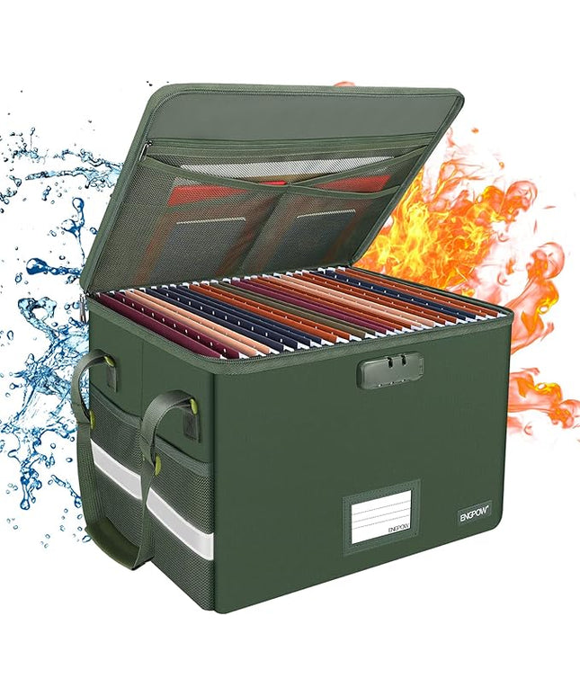 ENGPOW File Box with Lock, Fireproof Document Box with Zipper Lid, Collapsible File Storage Organizer Filing Cabinet with Handle, Portable Home Office Safe for Hanging Letter/Legal Folders, Green
