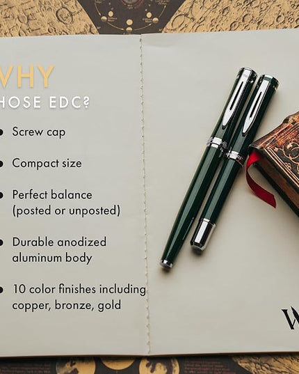 Wordsworth and Black Fountain Pen Mini EDC: Luxury Green Heavy Pocket Pen, Chrome Finish, Medium Nib, 6 Ink Cartridges, Ink Converter, Travel Refillable Writing Pen Gift Set, Men & Women