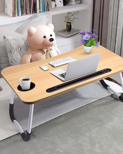 Slendor Lap Desk with Cup Holder, Foldable Laptop Table for Bed, Portable Bed Desk for Laptop and Writing, Computer Tray with Tablet Slot, Notebook Stand Reading Holder for Couch Sofa Floor,Walnut