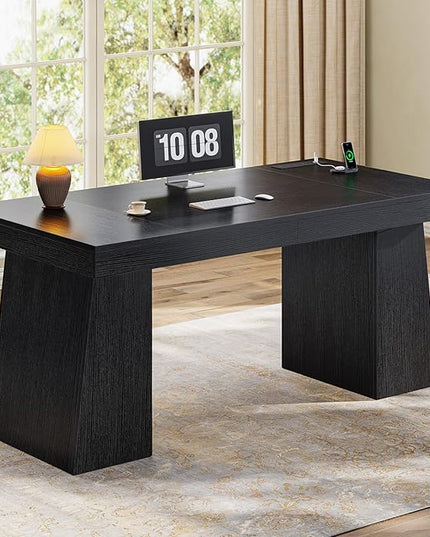 55.9 in Executive Desk with Power Outlets, Modern Home Office Desk with Storage Cabinet, Wood Computer Desk Business Workstation Desk Conference Table, Black (Storage Cabinet)