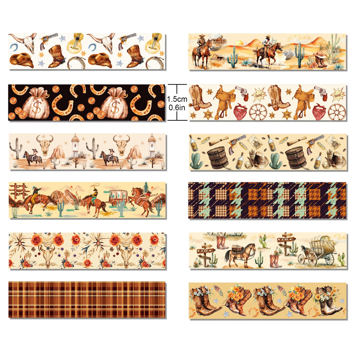 MOZUI 12 Rolls Western Washi Tape Masking Decorative Cowboy and Cowgirl Washi Tape for DIY Craft Gift Wrapping Handbook Sticker Scrapbook Journaling Party Favor
