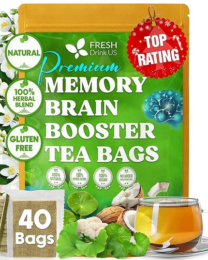 FreshDrinkUS, Memory Brain Booster Herbal Tea – 40 Tea Bags – Ginkgo Biloba, Gotu Kola, Lion's Mane & MCT Coconut Oil – Smooth, Earthy Flavor – Caffeine-Free – Daily Herbal Blend for Anytime Use