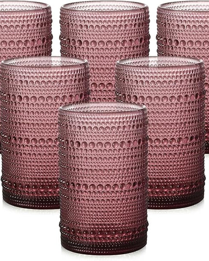 Vintage Glassware Drinking Glasses Set of 6,15 oz Hobnail Glass Cups,Embossed Purple Water Tumbler,for Beer,Cocktail,Whiskey,Juice and Various Mixed Drinks- 1 Cleaning Brush
