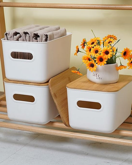 Citylife 4 PCS Storage Bins with Bamboo Lids Plastic Storage Containers for Organizing Stackable Storage Box with Handle, 10.23 x 7.08 x 6.3 inch