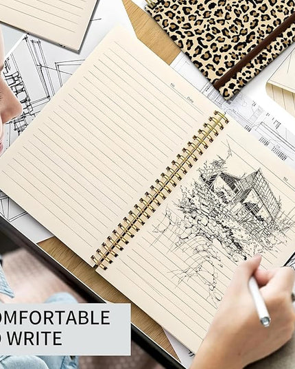 Spiral Journal Notebook, A5 Cute Notebooks for Women Men, College Ruled Hardcover Notebook for Work & Note Taking, 60 Pages Double-Wire Journals for Writing (Brown Leopard)
