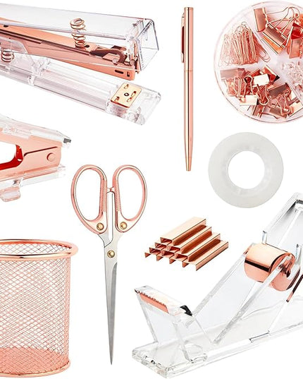 Rose Gold Desk Accessories, Office Supplies Set with Acrylic Stapler, Tape Dispenser, Staple Remover, Pen Holder, Scissor, Binder Paper Clips, 1 Ballpoint Pen, 1 Clear Tape and 1000pcs Staples