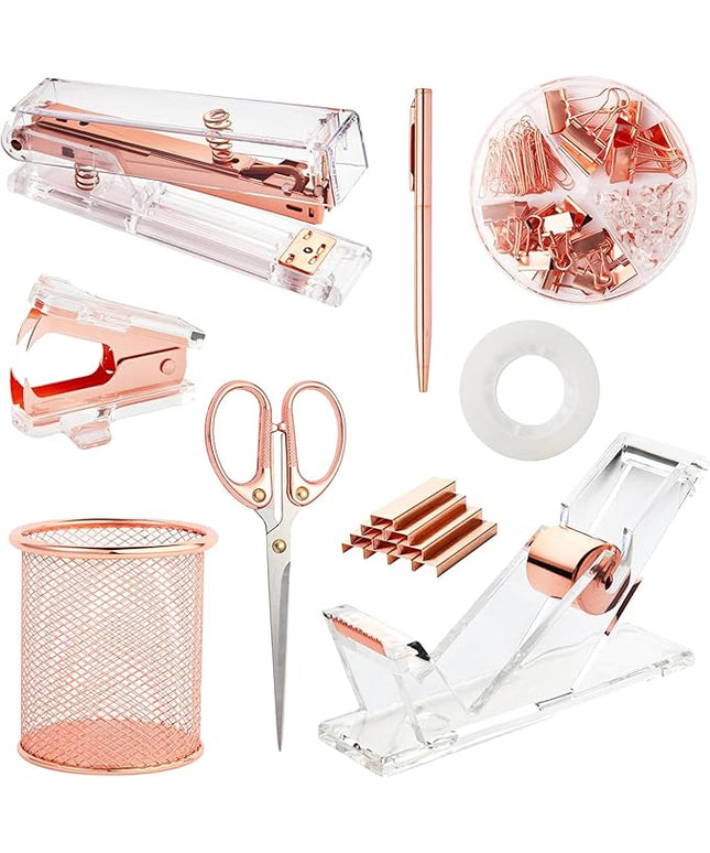 Rose Gold Desk Accessories, Office Supplies Set with Acrylic Stapler, Tape Dispenser, Staple Remover, Pen Holder, Scissor, Binder Paper Clips, 1 Ballpoint Pen, 1 Clear Tape and 1000pcs Staples