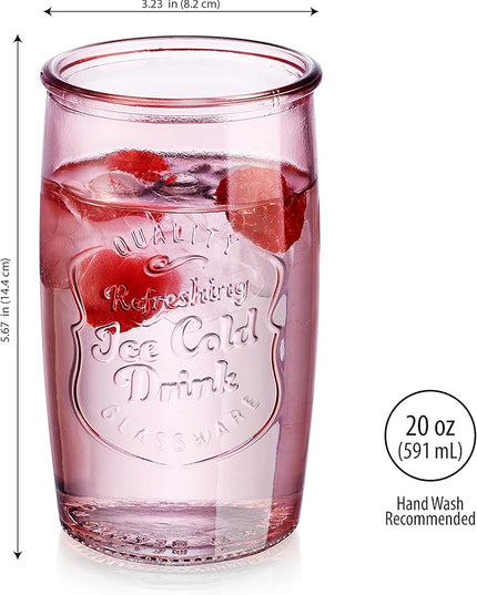 Glaver's Colored Glassware, Ice Cold Drinking Glasses Set of 4 – 20 Oz Vintage Glass Cups for Kitchen, Dining Table – Multi- Colors Glass Tumblers. Hand Wash.